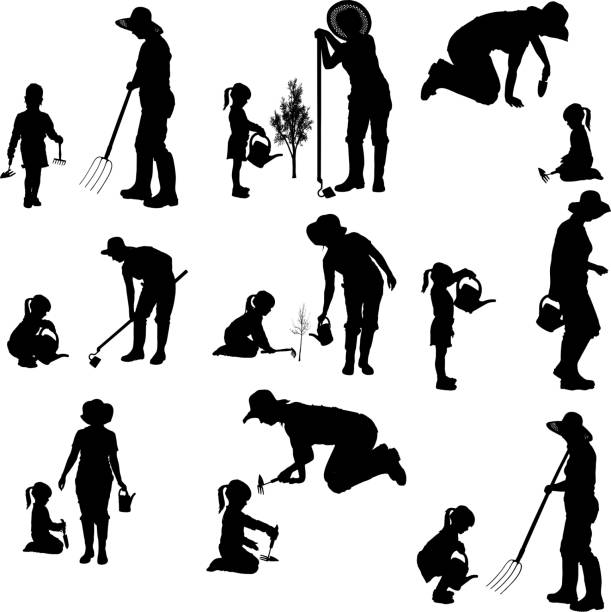Vector silhouette of the woman. Vector silhouette of the woman with children. farmer stock illustrations