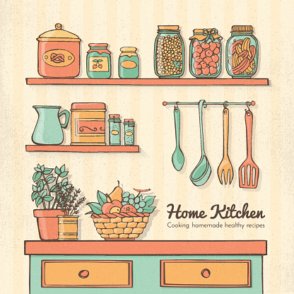 Home kitchen hand drawn with utensils, shelves, vegetables, herbs and preserves