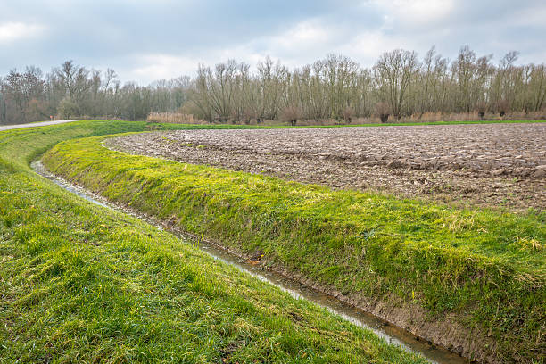 округлые ditch вдоль пахотная земля в осенний сезон - polder autumn dirt field стоковые фото и изображения