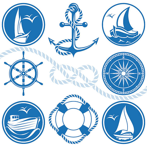 Nautical symbols and icons Vector illustration of isolated nautical symbols and icons in white and blue color white sailboat silhouette stock illustrations