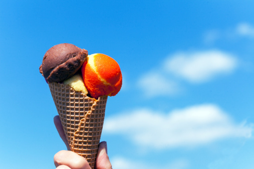 Ice cream in cone in front of the sky