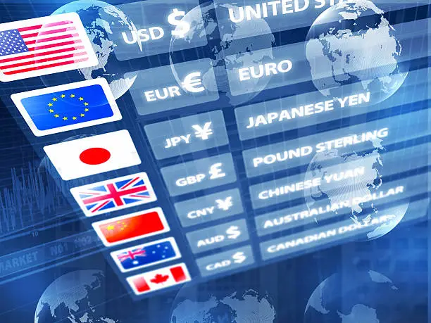 Currency exchange rates panel with data, numbers, charts and world maps. National currencies are displayed with flags and currency symbols. Global economy and business.