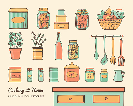 Home kitchen objects set with food, herbs and utensils, hand drawn