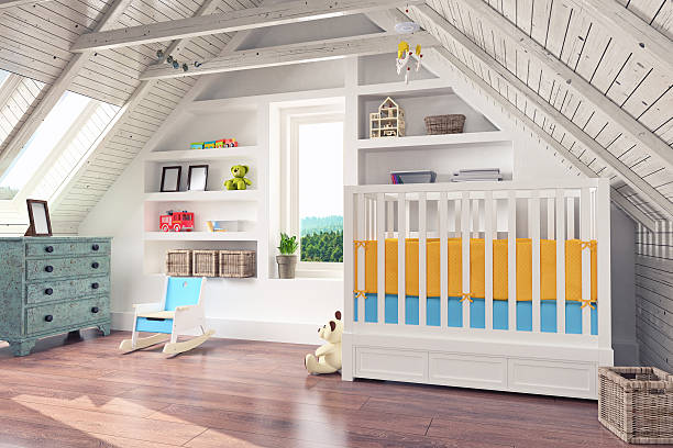 Attic Nursery Interior Cozy attic nursery interior. playroom stock pictures, royalty-free photos & images