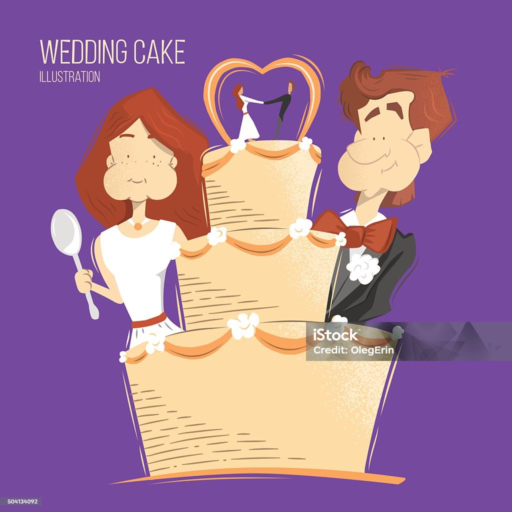 Wedding big cake Big cream wedding cake illustration. Happy smile groom and bride woman and man eating wedding cake. Adult stock vector