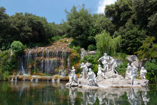 Fountain of Diana and Actaeon and The Big Waterfal. Mythological statues of nymphs in the garden Royal Palace in Caserta.
