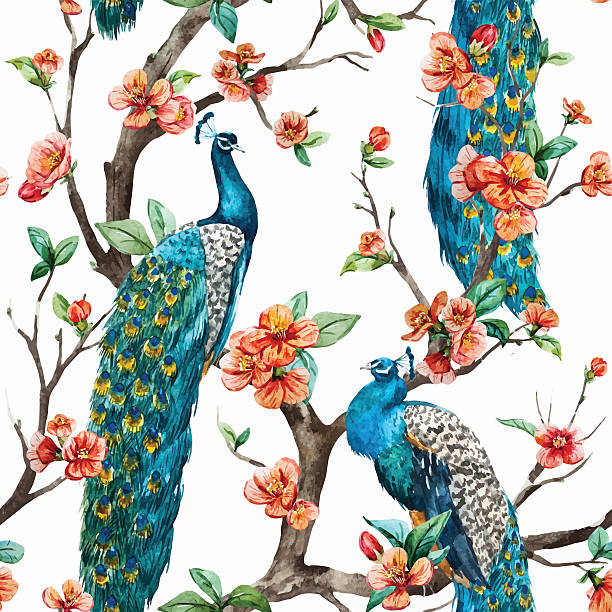 Watercolor vector peacock pattern Beautiful vector pattern Watercolor raster peacock pattern peacock tree stock illustrations