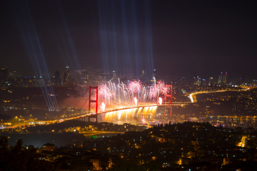 Aerial drone view of a carnival at night.