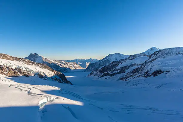 Stunning view of Aletsch glacier with huge crevass from the view platform on Jungfraujoch in winter, the highest railway station of Europe on Bernese Oberland, Switzerland.