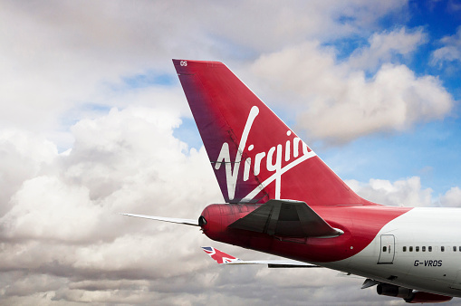 Manchester, United kingdom - August 30, 2015: Virgin Atlantic Airways Boeing 747-443 cn 30885-1268 G-VROS moment after take off from Manchester Airport.