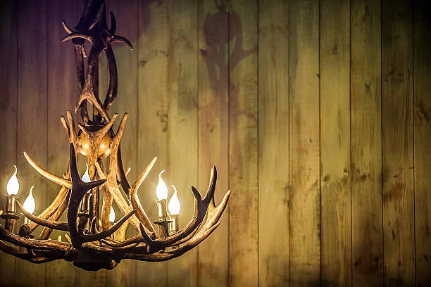 rustic background moose antlers as a lamp on the background of old boards antler chandelier stock pictures, royalty-free photos & images