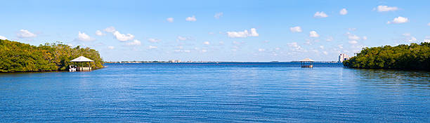 Panoramic view from a bay at the Caloosahatchee River, Cape Coral, Florida USA.