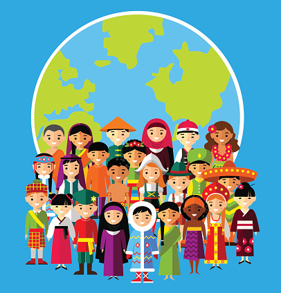  Vector illustration of multicultural national children, people on planet earth