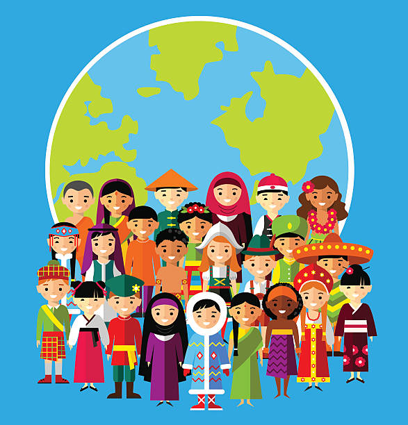 Set of international people in traditional costumes around the world  Vector illustration of multicultural national children, people on planet earth traditional clothing stock illustrations