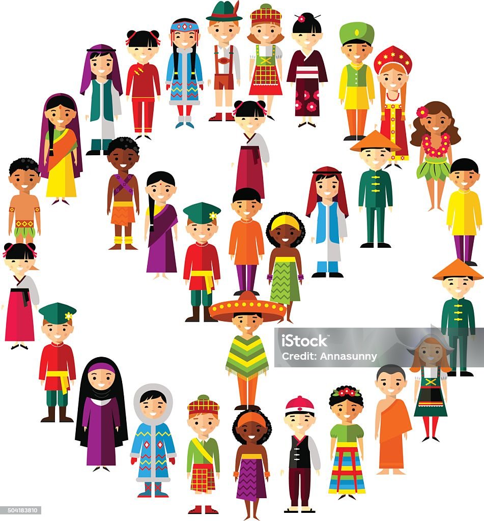 Vector illustration of multicultural national children, people on planet earth Set of international people in traditional costumes around the world Globe - Navigational Equipment stock vector