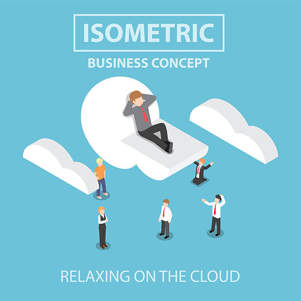 isometric biznesmen jest relaks podczas leżenia na cloud - caucasian three dimensional shape men sky stock illustrations