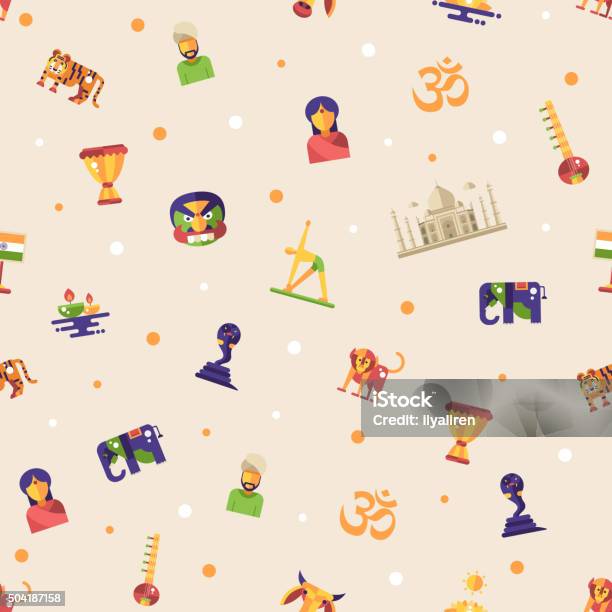 Flat Design India Travel Pattern With Famous Indian Symbols Icons Stock Illustration - Download Image Now