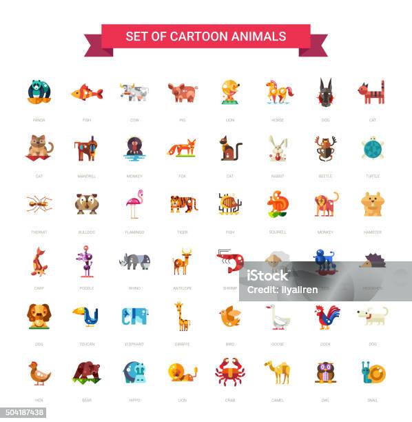 Flat Design Wild And Domestic Animals Icons Set Stock Illustration - Download Image Now - Animal, Dog, Icon Set