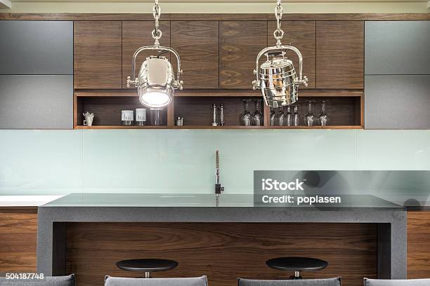 House Bar With Stools Stock Photo - Download Image Now - Apartment, Bar - Drink Establishment, Chair