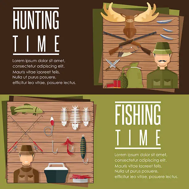 Vector illustration of horizontal flat banners on hunting and fishing theme