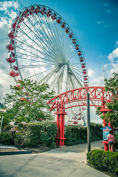 Chicago, USA - August 21, 2015:  Entrance of Chicago's Historic Navy Pier Ferris Wheel.  A tourist looking at the prices for access to the wheel.