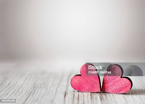 Red Heart And Wooden Background Stock Photo - Download Image Now - Art And Craft, Craft, Day