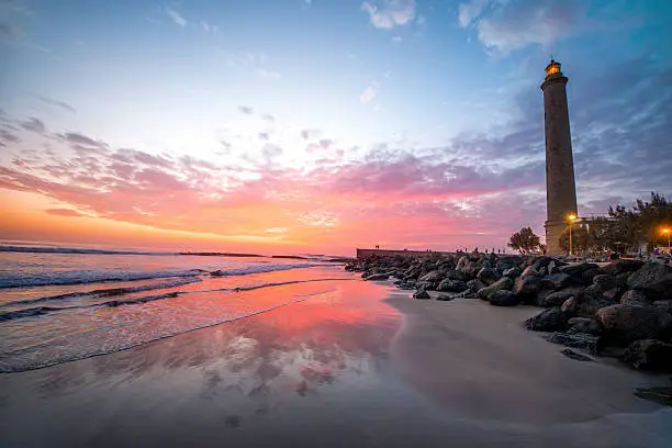 Beautiful sunset view on the beach with lighthouse in Maspalomas city on Gran Canaria island