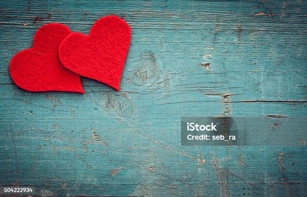 Valentines Day Hearts On Wooden Background Stock Photo - Download Image Now - Heart Shape, Rustic, February