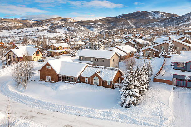 Winter village from midair Steamboat springs, colorado village from a hot air ballon midair. steamboat springs photos stock pictures, royalty-free photos & images