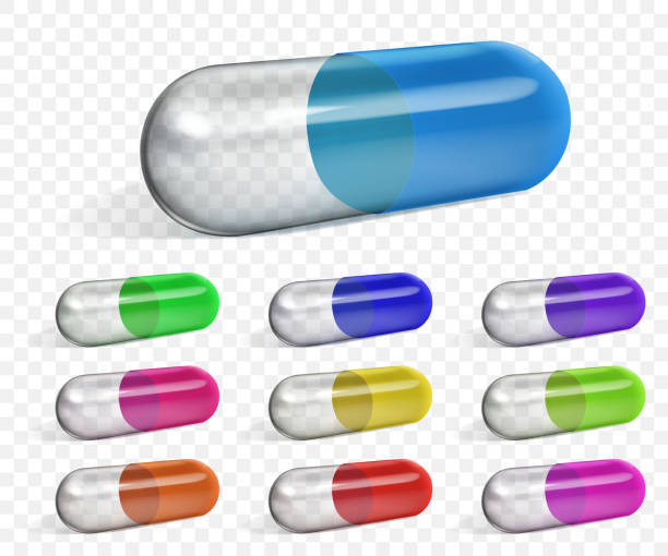 illustrations, cliparts, dessins animés et icônes de série de capsules oblongue multicolore semi-transparent - vector vitamin pill purple orange