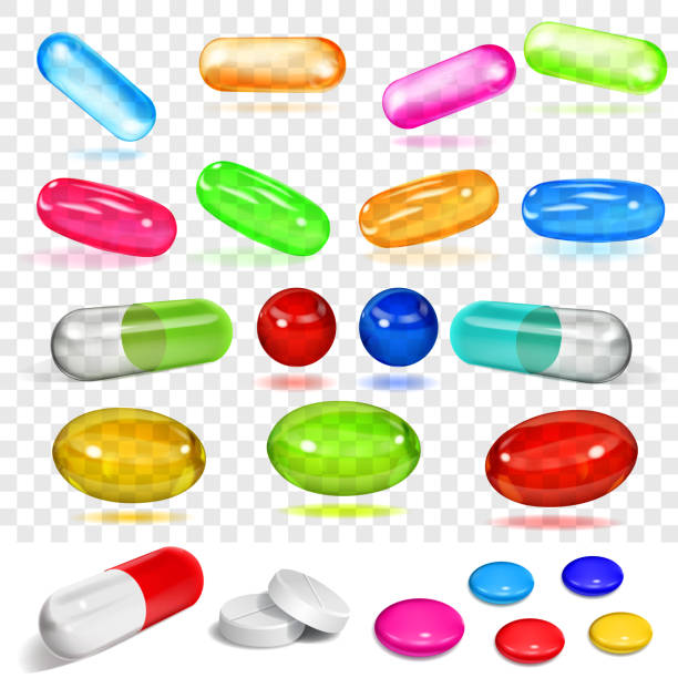 illustrazioni stock, clip art, cartoni animati e icone di tendenza di set di vari capsule e pillole multicolore - pill purple capsule vitamin pill