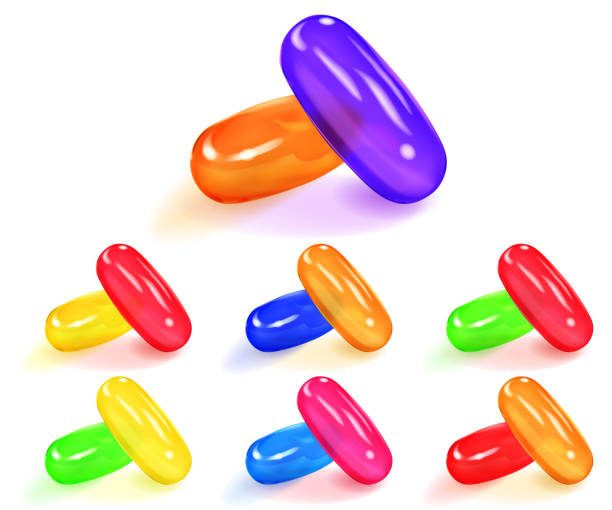 illustrations, cliparts, dessins animés et icônes de série de capsules multicolore - vector vitamin pill purple orange