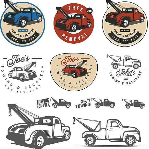 vintage auto abschleppwagen embleme, etiketten und design-elemente - abschleppen stock-grafiken, -clipart, -cartoons und -symbole