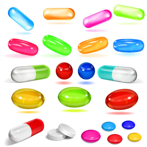 illustrations, cliparts, dessins animés et icônes de ensemble de diverses sélections et détails multicolores - vector vitamin pill purple orange