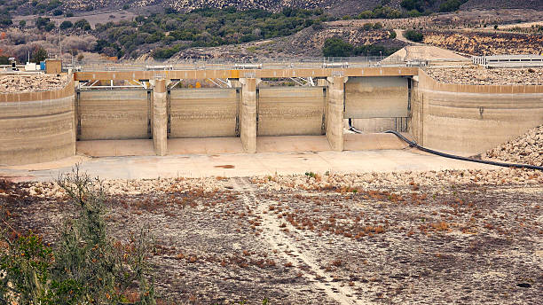 Santa Barbara, California, USA - January 1, 2016: Falling water levels at  Lake Cachuma due to severe California drought leave the locks at Bradbury Dam high and dry