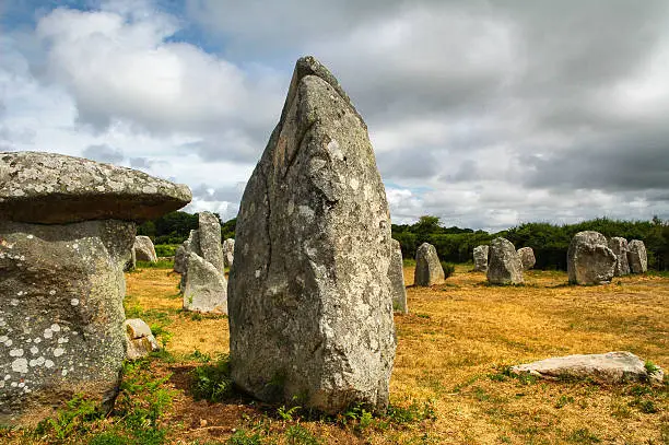 Carnac, Morbihan, Brittany (France): alignment of menhir and dolmen