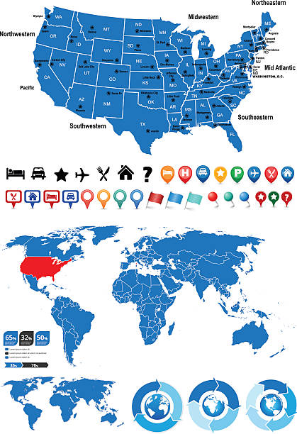 USA and World Map Infographics Kit EPS 10 and JPEG alaska us state stock illustrations