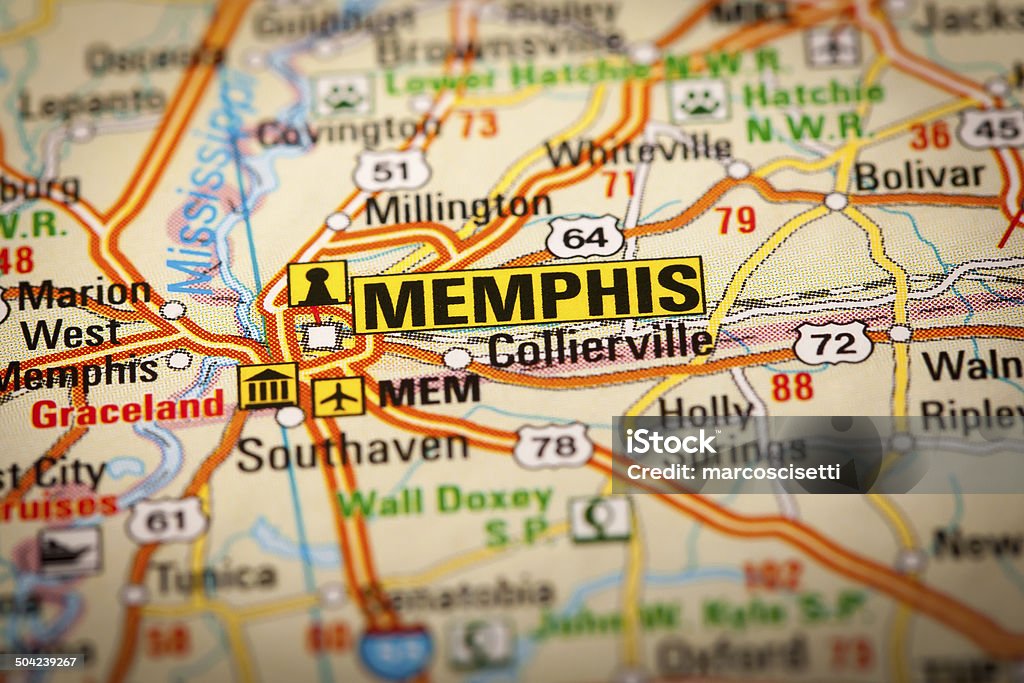 Memphis City on a Road Map Map Photography: Memphis City on a Road Map Memphis - Tennessee Stock Photo