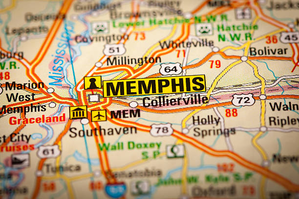 Memphis City on a Road Map Map Photography: Memphis City on a Road Map memphis tennessee stock pictures, royalty-free photos & images