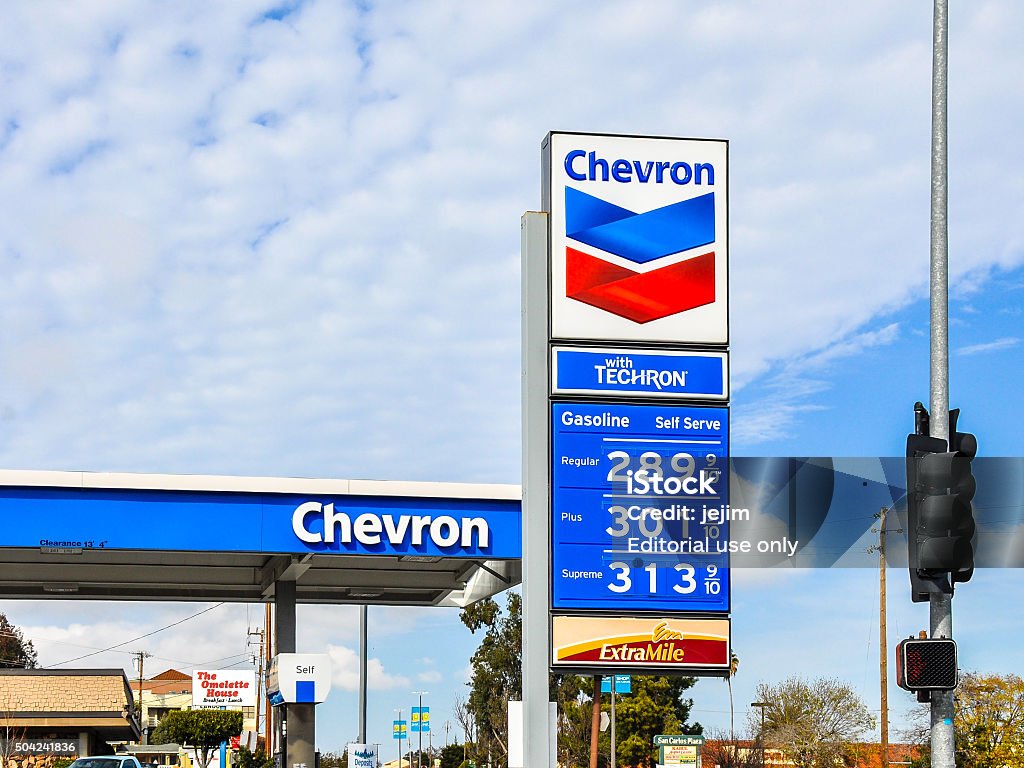 Chevron Gas Station, San Carlos, CA San Carlos, CA, USA - Jan. 10, 2016: Chevron Gas Station. Headquartered in San Ramon, CA, Chevron Corporation is an American multinational energy corporation. Chevron Corporation Stock Photo