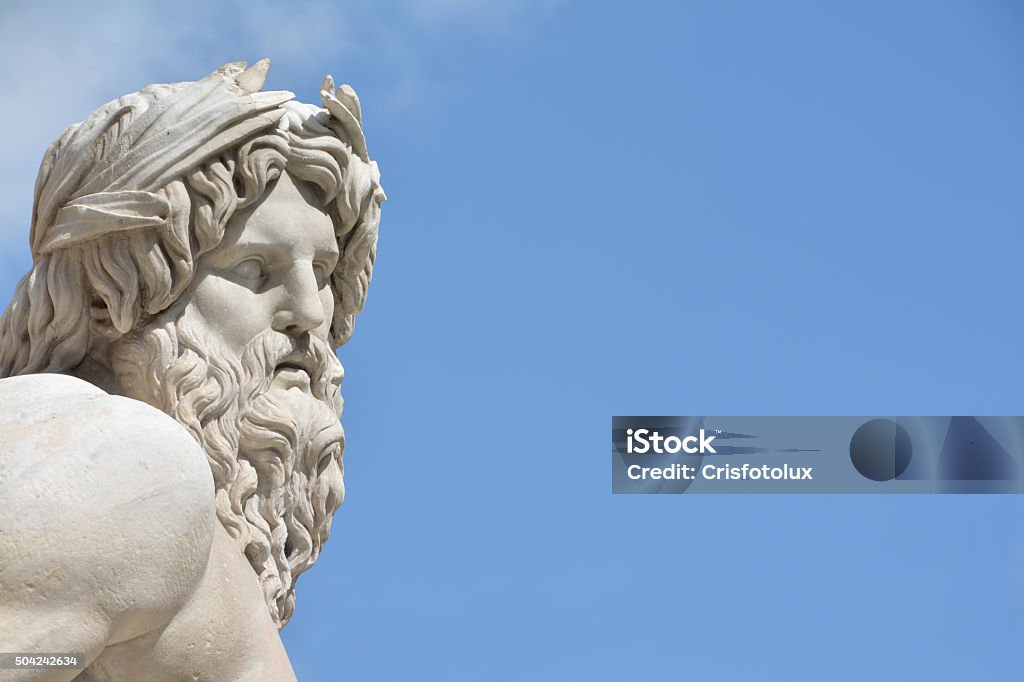 River Ganges statue as Greek God (with copy space) Marble head of River Ganges statue from baroque Fountain of Four River inthe center of  Piazza Navona Square, Rome (17 th century) Zeus Stock Photo