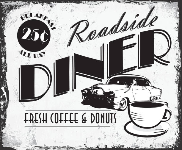 винтажный обочина diner с классический автомобиль кофе олова реклама знак - roadside stock illustrations