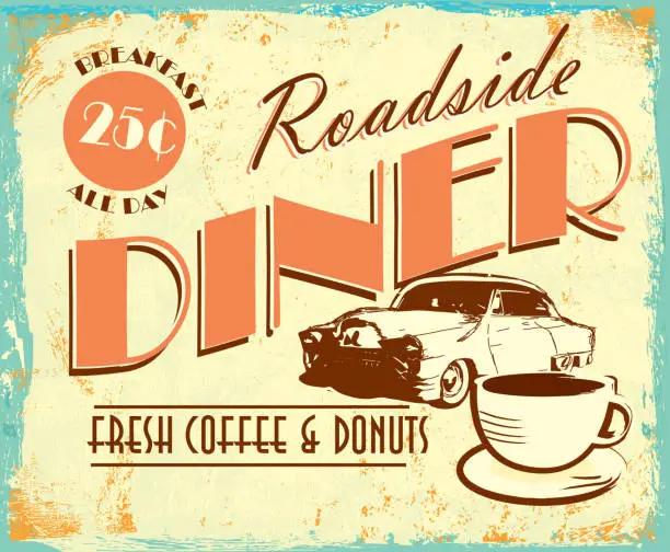 Vector illustration of Vintage colorful Roadside diner with classic car coffee tin advertisement
