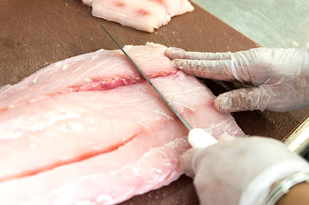 Preparing fish cook cutting a piece of raw fish grouper stock pictures, royalty-free photos & images