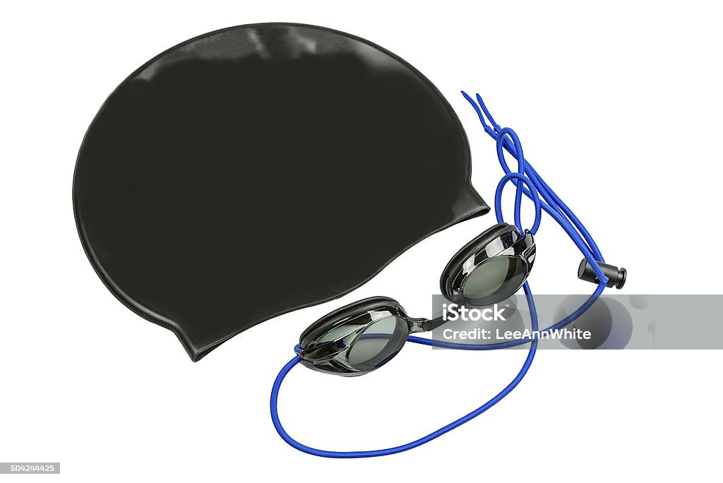 Noir Bonnet de bain et lunettes sur fond blanc - Photo de Bonnet de bain libre de droits