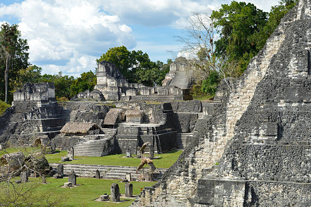 North Acropolis structures on the Grand Plaza of Tikal, Guatemela North Acropolis structures on the Grand Plaza of Tikal National Park and archaeological site, Guatemala archaelogy stock pictures, royalty-free photos & images