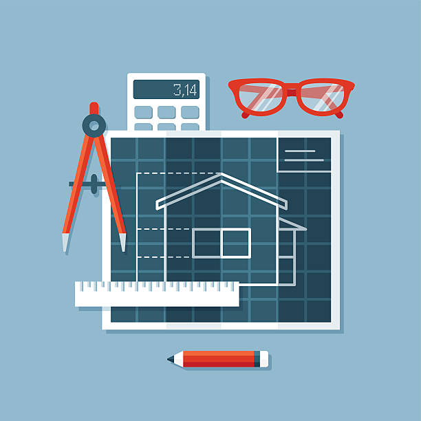 공사장 청사진, 엔지니어 코파스 또는 분배기, 룰러, 계산기 및 글라스잔. - drawing compass architecture work tool engineering stock illustrations