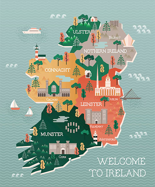 ilustraciones, imágenes clip art, dibujos animados e iconos de stock de mapa de viajes de irlanda y las ciudades, con - para state illustrations