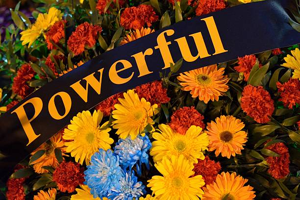 istock Powerful written on wreath in memory of the dead 504245986