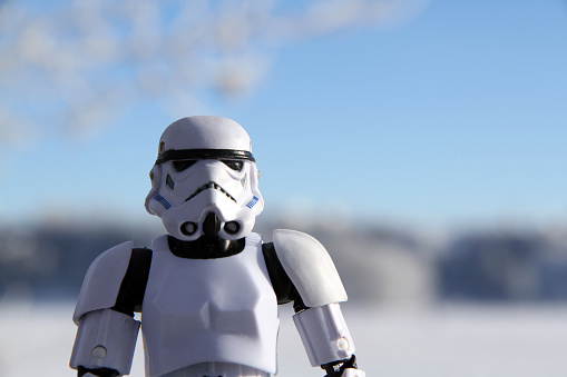 Calgary, Canada - December 27, 2015: A stormtrooper model from the Star Wars film franchise in the snow of a Calgary winter. The toy is part of the Black Series, from Hasbro.